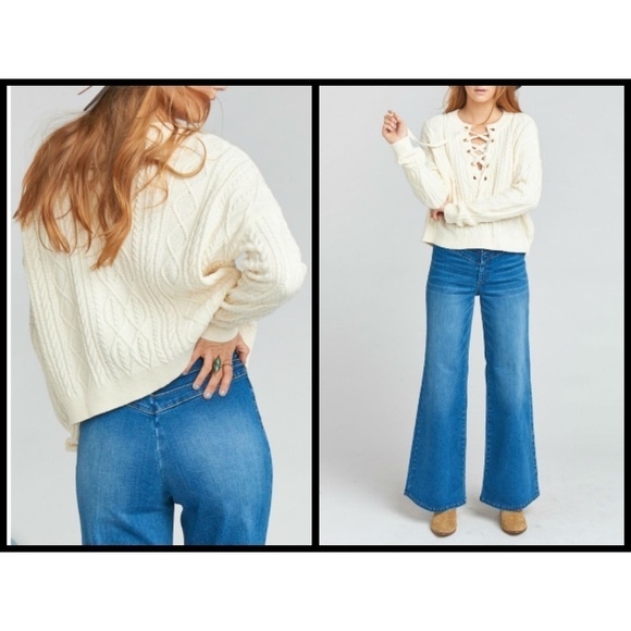 💕SHOW ME YOUR MUMU💕 Joey Lace Up Sweater Snowflake Cable Knit Soft White S NWT - Picture 3 of 8